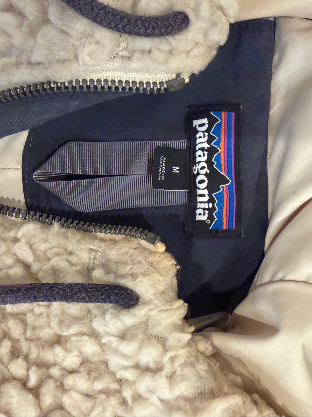 Patagonia Women’s Dusty Mesa Parka Natural Smolder Blue Sherpa Fleece Size M